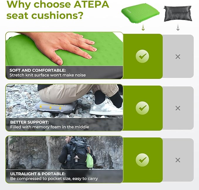 ATEPA Inflatable Stadium Seat Cushion, Self-Inflating Memory Foam Stadium Seats Bleacher Seat Chair Cushion Pad for Airplane Travel Backpacking Sports Events