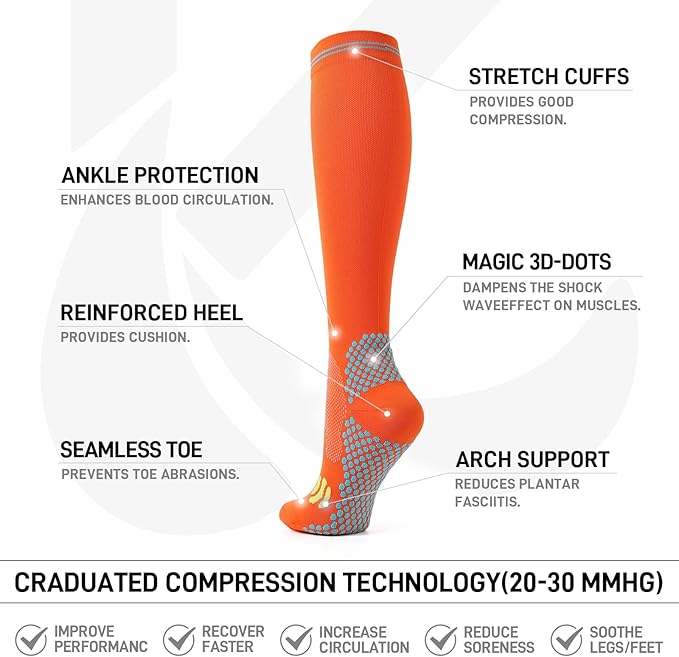 Kickticks 4 Pairs Compression Socks for Woman & Man Unisex 20-30mmHg Knee high Plus Size Wide Calves for Flying Running…