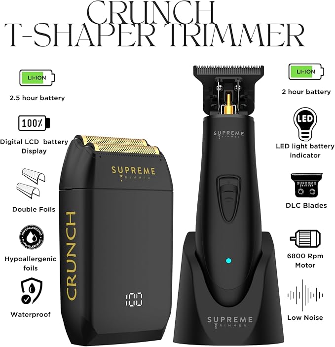 Supreme Trimmer 2-in-1 T-Shaper Trimmer & Crunch Foil Shaver | STF602 Electric Razor & ST5206 DLC Beard Trimmer Barber Haircut Kit | Black