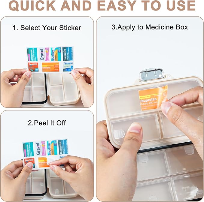 Travel Pill Organizer Box with Medicine Labels, 2Pack 7 Compartments Portable Pill Case, Daily Medication Organizer Storage Pill Container for Pocket Pharmacy(Pearly White S+L 2Pack)