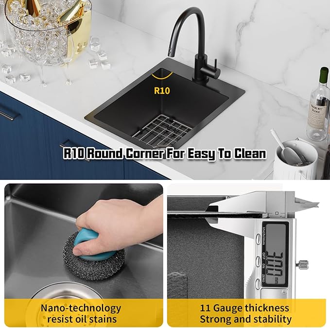 Small Black Kitchen Sink,15x20 Inch Stainless Steel Drop In Toprmount Kitchen&Bar Sink Ideal Choice For Small Space, Prep Area, RV With Bottom Grid,Soap Mat And Drain Assembly