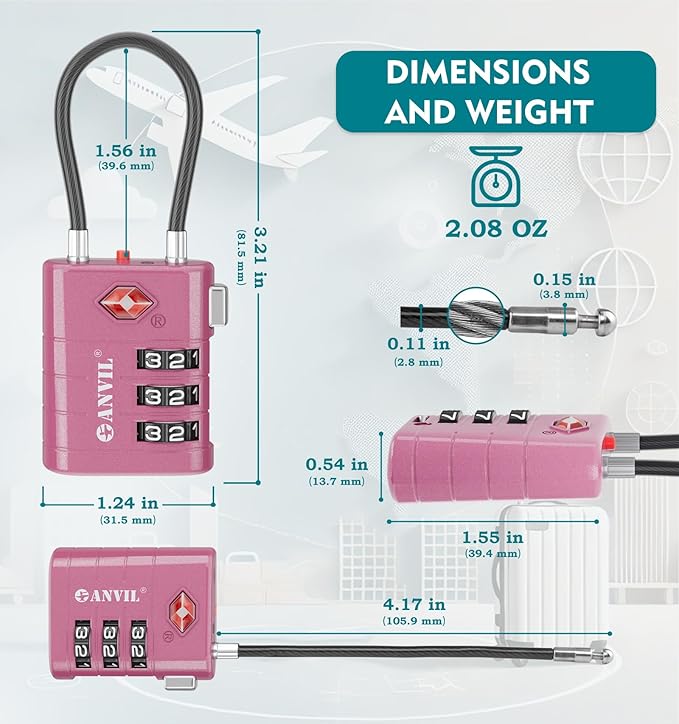 ANVIL TSA Approved Luggage Locks – High Security TSA008 Combination Travel Locks with Inspection Indicator for Suitcases and Backpacks. (3, Rose Purple)