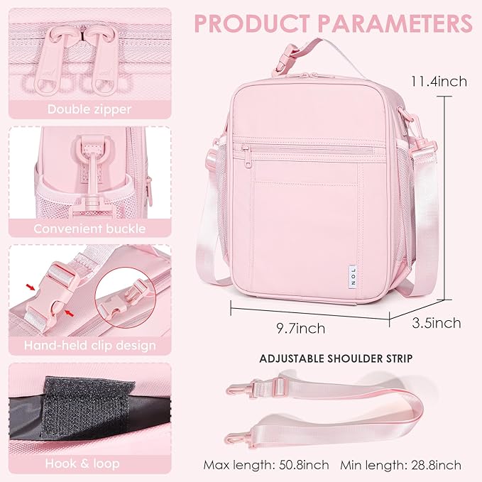 NOL Nylon Waterproof Kids Lunch Bag, Insulated Lunch Bag, Lunch box Cooler, Reusable, Zip Closure with Buckle Handle Holds Lunch Box, Snacks & Water Bottle for School Work,Pink