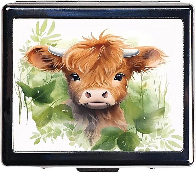 Silver Vintage Pill Box 7 Day Metal Pill Box with Mirror and 8 Compartments Cute Travel Pill Organizer for Purse (Watercolor Highland Cow)