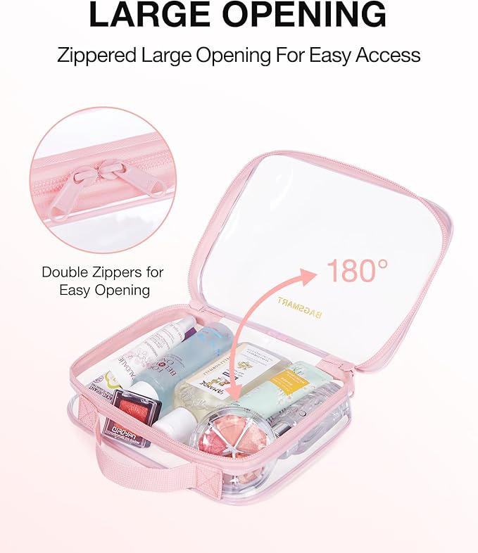 BAGSMART TSA Approved Clear Toiletry Bag, 3 Packs Quart Size Water Resistant Makeup Cosmetic Bags for Women, Airport Airline Travel Essential Carry On Organizer with Handle Large Opening, Pink
