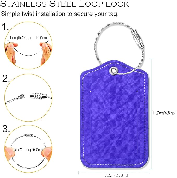 Luggage Tags for Suitcases-Leather Luggage Tag 4 Pack with Loops Cute Bag/Backpack/Suitcase Tags Travel Essentials for Flying (Royal Blue)