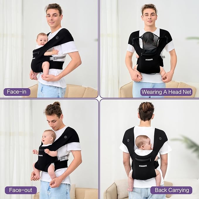 Baby Carrier Newborn to Toddler - Wrap Baby Carrier for 7-50 lbs, M-Shaped Sitting Posture, Toddler Carrier with Soft Fabrics for Front and Back Carrying, Black