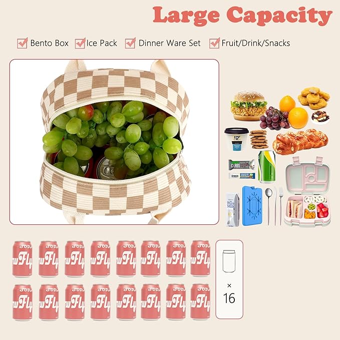FlowFly Lunch Bag for Women Insulated Lunch Box Corduroy Lunch Tote Cooler for Travel Work Picnic,Corduroy Plaid Khaki