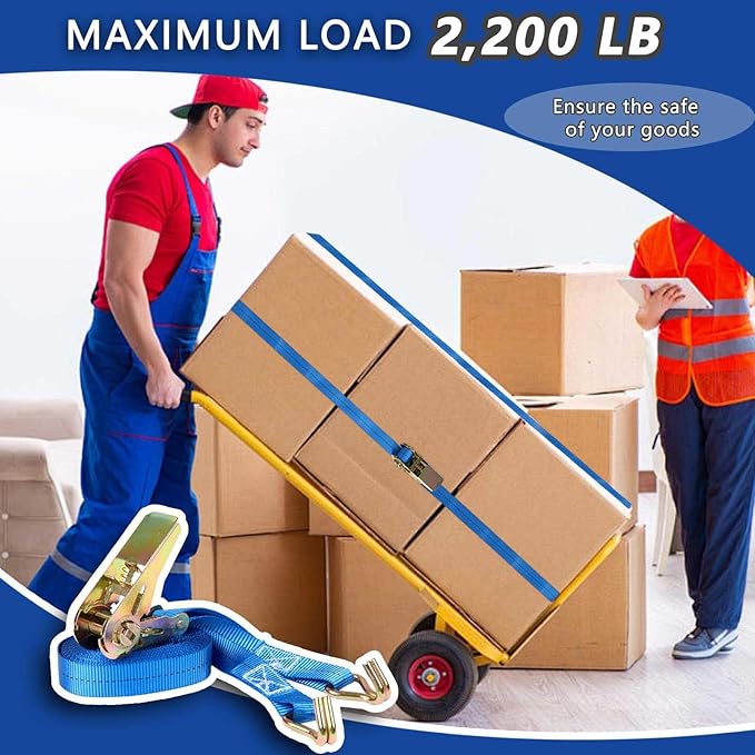 Ratchet Straps (4-Pack), 1 Inch x 16.4 Feet (2200lb Break Strength) with Sturdy Metal Hooks, 1x Work Gloves, Heavy Duty Tie Down Straps for Truck, Cargo Trailer, Motorcycle, Luggage, Moving (Blue)