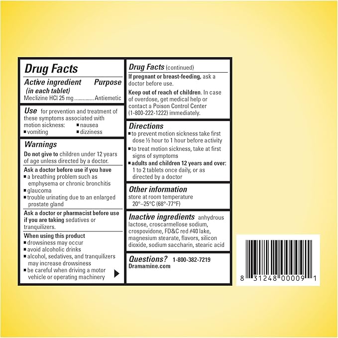 Dramamine Chewable Less Drowsy, Motion Sickness Relief, Raspberry Cream Flavor, 12 Count, 2 Pack