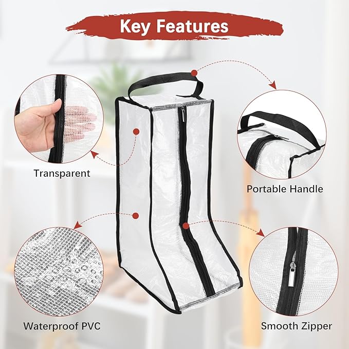 Boot Storage Bags [2PCS] - Plastic Tall Boot Carry Bags Clear Shoe Bags with Handle for Travel & Daily Use - [White, Black] Waterproof & DustProof Boot Bags for Cowboy Boots