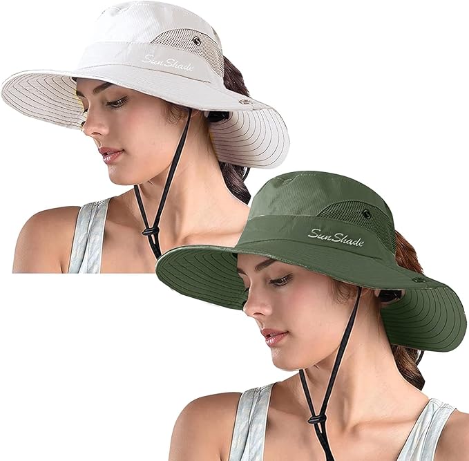 ZOORON Women's Ponytail Safari Sun Hat,Wide Brim UV Protection Outdoor Bucket Hat,Foldable Beach Summer Fishing Hat