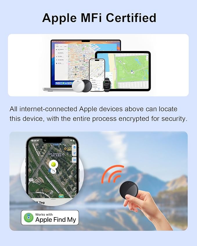 2025 Bluetooth Tracker Smart Finder for Apple Find My[Apple MFi Certified，iOS Only], iPhone Tags Key Finder Luggage Tracker for Bags, Luggage, Wallet, Bicycle, Replaceable Battery