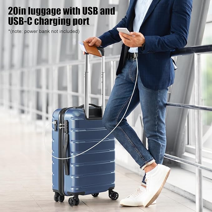 Coolife Luggage Suitcase Carry-on Spinner TSA Lock USB Port Expandable (only 28’’) Lightweight Hardside Luggage (Purple, S(20in_carry on))