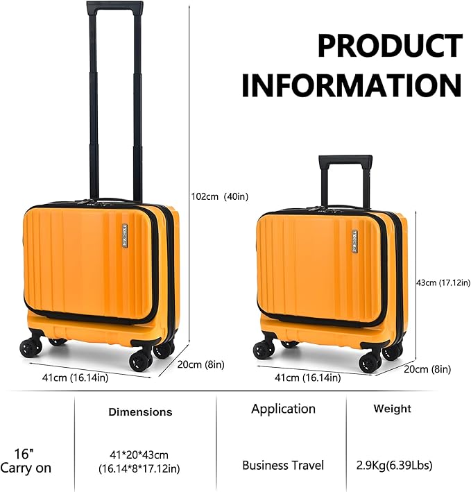 TydeCkare 16" Carry on Luggage with 2 Laptop Compartments, Lightweight Hardshell ABS+PC Suitcase with Dual Control TSA Lock, with YKK Zipper, 4 Spinner Silent Wheels, for Business Travel, Orange