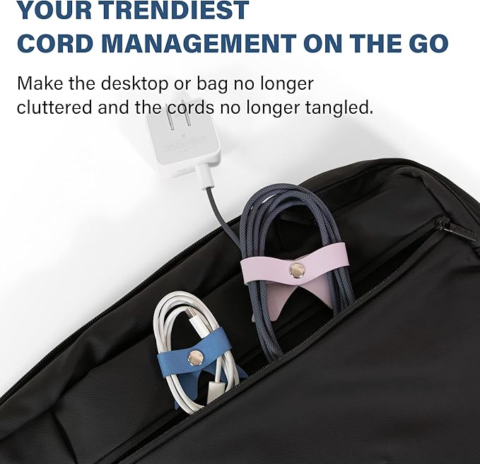 SenseAGE 5 Pack Cord Organizer, Bow Cord Keeper, Cable Organizer USB Holder, Leather Cable Management, Cable Straps, Earphone Winder, Storage Straps for Electronics, Earbuds, Big, Random Blue