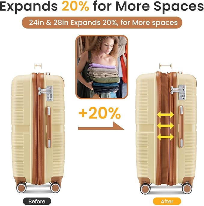 Campfun Luggage Sets 4 Piece, Expandable Carry On Luggage Set Hardshell PP, Suitcase Set with Double Spinner Wheels, Checked Durable Lightweight with TSA Lock, 14/20/24/28in, Khaki Brown(A)
