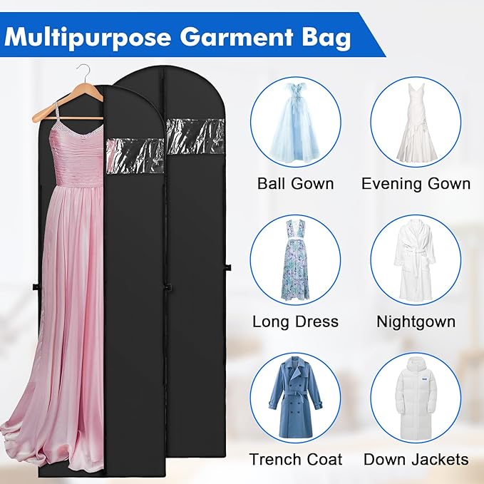 70" Long Garment Bags for Travel Dress, 2 Pack Dress Bags for Gowns, Garment Bag for Long Dress, Closet Wardrobe Bags for Gowns Tuxedos, Black