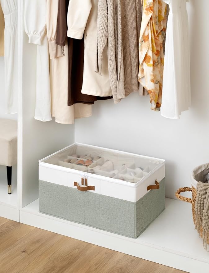 StorageWorks Shoe Organizer for Closet, Fits up to 24 Pairs, Shoe Cubby Storage Containers with Adjustable Dividers and Clear Cover, Green & White