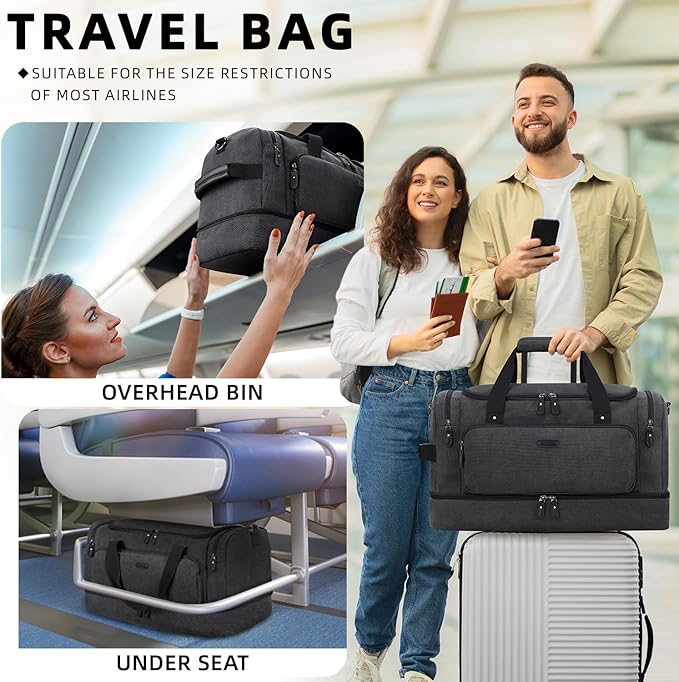 ZOMFELT Duffle Bag for travel, 40L Canvas Travel Duffel Bags for Men Women, Water Resistant Overnight Weekender Bag with Toiletry Bag & Shoe Compartment, Carry on Luggage Bag for Travel, Gym, Black