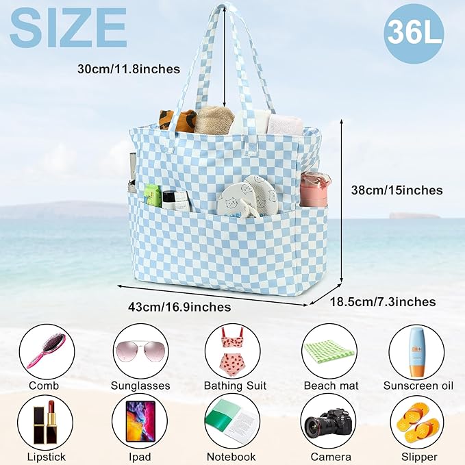CAMTOP Waterproof Beach Tote Bag for Women Girls with Zipper Foldable Sandproof Pool Swim Bag Travel Carry On Gym