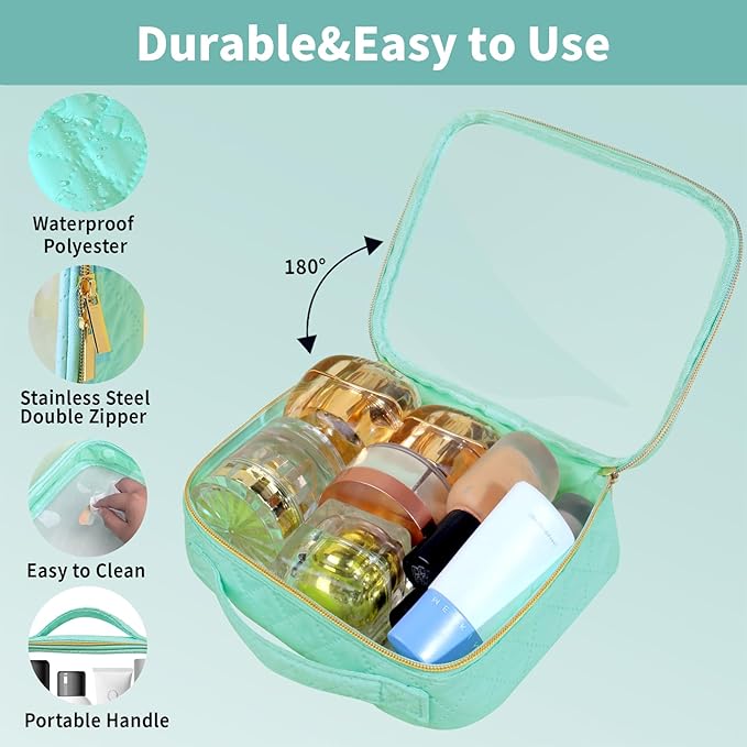 Travel Toiletry Bag,2 Pack Clear Makeup Bags with Handles,180°Opening Clear Cosmetic Bags for Traveling Women,Men,Travel Essentials,Green