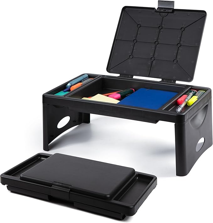 Loddie Doddie Folding Lap Desk & Bed Table - 9.75 x 12 in Black Sturdy Plastic - Portable Desk for Bed with Storage Pocket & Accessory Trays - Laptop Tray & Lap Table for Kids