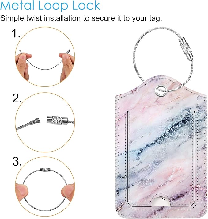 Fintie Luggage Tags, Privacy Cover ID Label with Stainless Steel Loop and Address Card for Travel Bag Suitcase - Marble Pink (2 Piece)