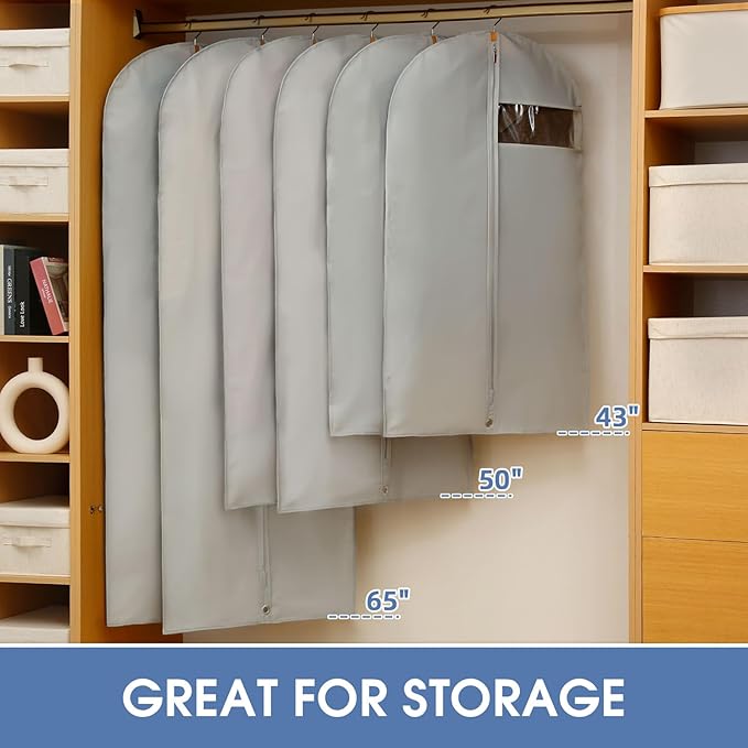 50" Garment Bag, Mens Suit Bags for Closet Storage and Travel, Garment Bags for Hanging Clothes, Foldable Suit Cover Bags with Clear Window for Coats, Jackets, Dresses - Gray/ 5 Packs