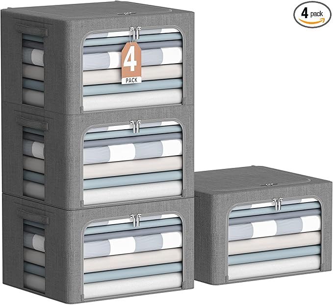 4 Pack Clothes Storage Bins with Metal Frame - Linen Fabric Foldable Stackable Container Organizer Set with Clear Window & Carry Handles & Zippers (Dark Gray, 15.7"x11.8"x7.8")