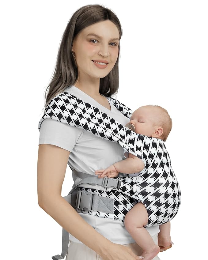 Newborn Carrier, Cozy Baby Carrier, Ergonomic Cross-Back Wrap, Hands-Free with Supportive Comfort, Tweed Black & White