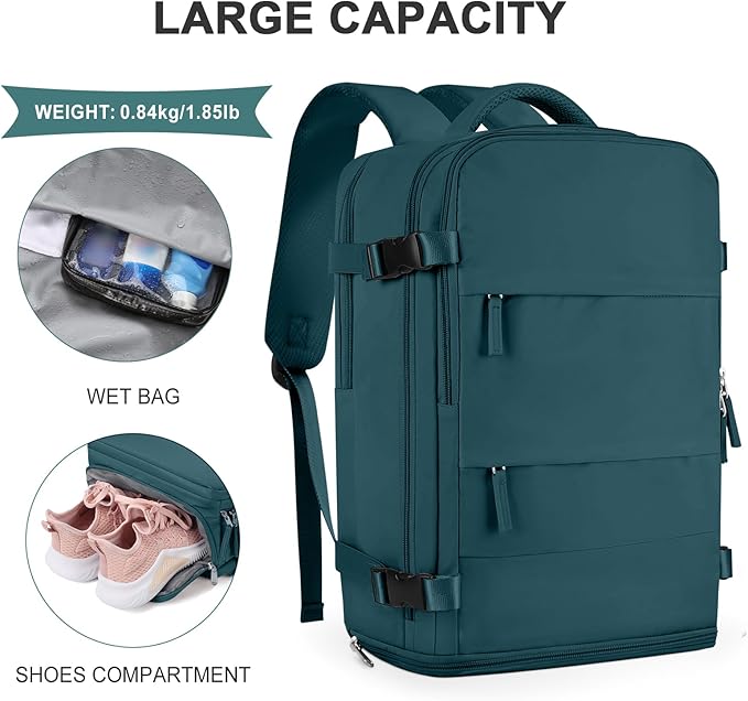 coowoz Large Travel Backpack For Women Men,Carry On Flight Approved,Hiking Waterproof Outdoor Sports Rucksack Casual Daypack Fit 15.6 Inch Laptop Shoes Compartment (Peacock Blue)