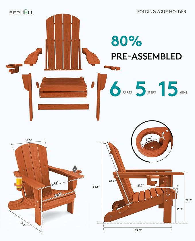SERWALL Adirondack Chair with Cup Holders - Composite Adirondack Chairs Set of 2 HDPE Outdoor Chairs All Weather Use- Orange
