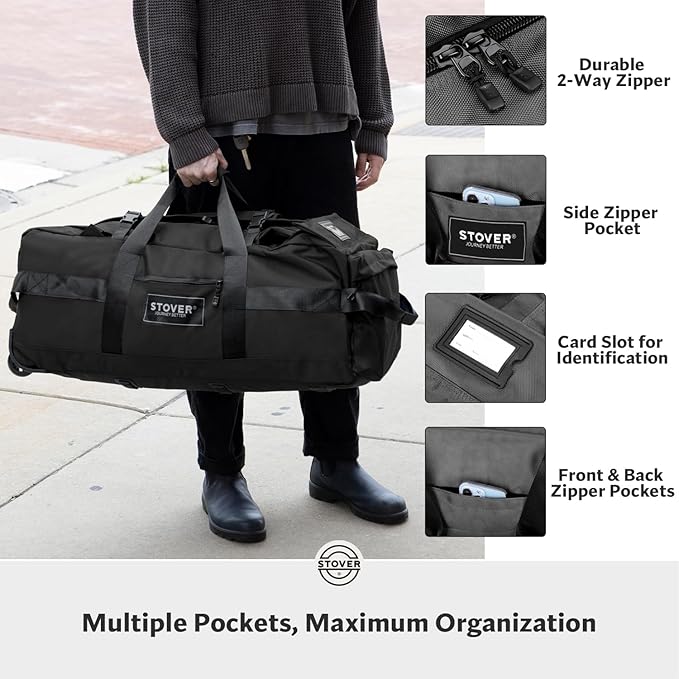 STOVER 100L Rolling Duffel Bag with Wheels, X-Large 32 Inch Durable Travel Duffle + Toiletry Bag, Heavy Duty, Packable w/Shoulder Straps- Use as Luggage or Backpack, Men/Women (Black)