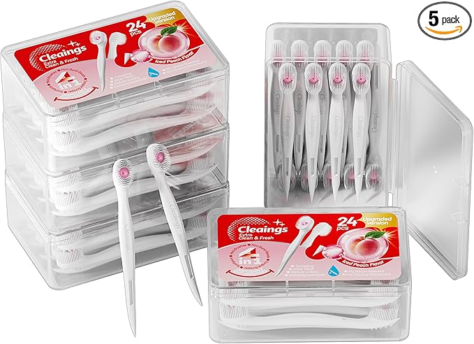 cleaings® Mini Disposable Toothbrush Set with Toothpaste – Travel Essentials, Portable Toothbrush for Women & Men, Camping, Road Trip, Vacation, 24 Count-Ice Peach Flavor（Pack of 5）