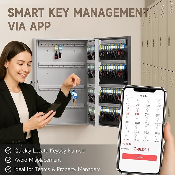 WeHere 192 Key Lock Box Wall Mount, APP Bluetooth/OTP/Wi-Fi/Fixed Code/Key Unlock, Smart Key Cabinet with Key Tag, Key Organizer Holder Box, Key Management Directory for Office, Valet, Realtor, Hotel