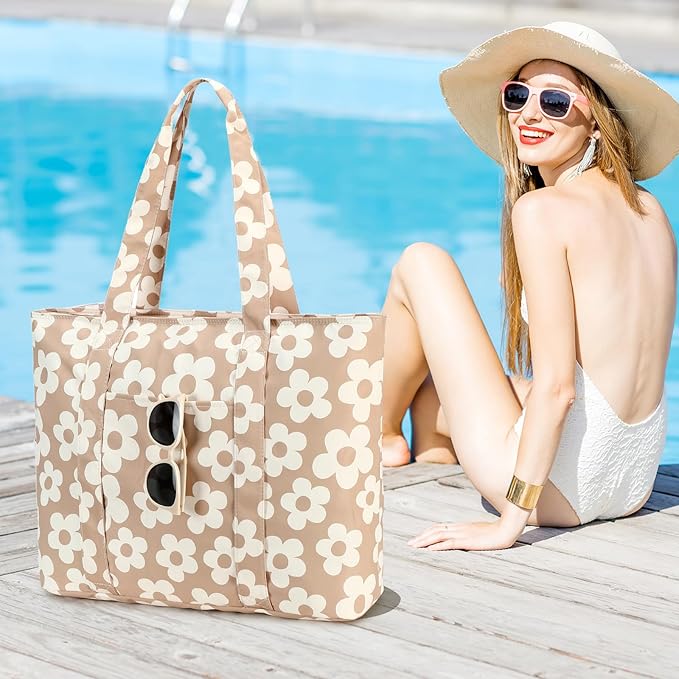 LEDAOU Beach Bags for Women, Beach Bags Waterproof Sandproof, Packable Beach Tote Bag with Zipper Travel Sports