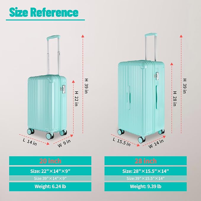 Carry-on 20 Inch and 28 Inch Square Thickened ABS+PC Hard Shell luggage, 2-Piece Suitcase Set with TSA Lock & Dual Zipper Mesh Inner Layer Design, Mint Green