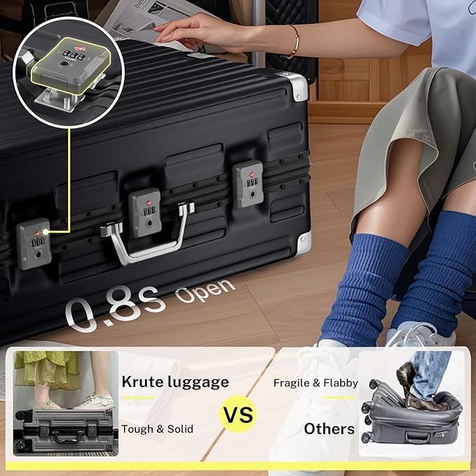 Krute Carry On Luggage 20 inch Aluminum Frame Suitcase with Spinner Wheels No Zipper Hardshell PC+ABS Luggages TSA Lock Zipperless Suitcases