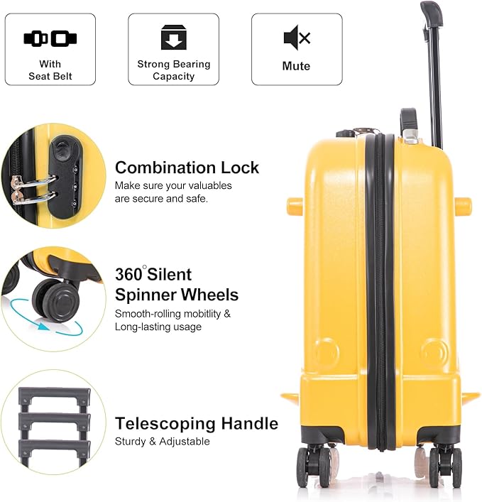 Apelila 22 inch Ride on Suitcase for Kids Travel Luggage Trolley Suitcase with Spinner Wheels Travel Luggage for Child with Combination Lock/Safety Belt/Telescoping Handle (Yellow)