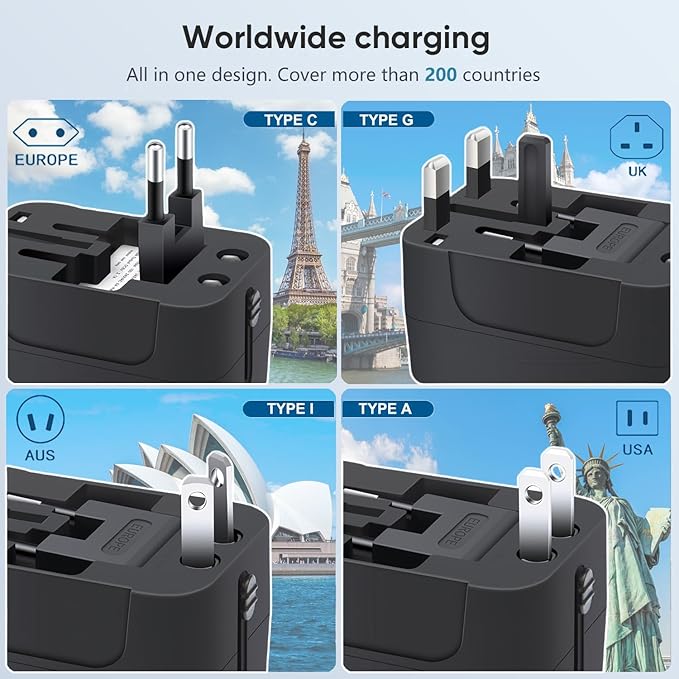 Travel Adapter, Worldwide All in One Universal Travel Adaptor AC Power Plug Adapter Wall Charger with USB-C and USB-A Charging Ports for USA EU UK AUS Black