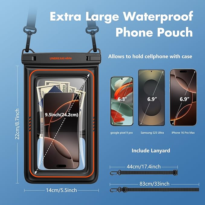 UNBREAKcable [UP to 9.5" Extra Large Waterproof Phone Pouch Floating [Sponge Cushion] IPX8 Phone Case Dry Bag for iPhone 16 15 14 Pro Max Samsung S25, Travel Kayaking Beach Essentials - 2 Pack Black