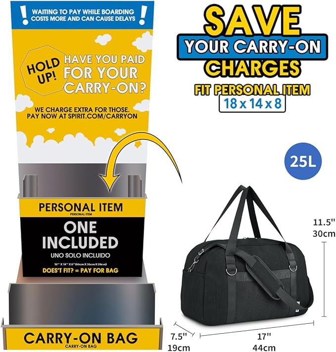 Narwey For Spirit Airlines Personal Item Bag 18x14x8, Small Duffle Bag for Travel, Duffel Bag for Traveling, Carry on Bag for Airplanes Underseat Overnight for Women and Men (Black)