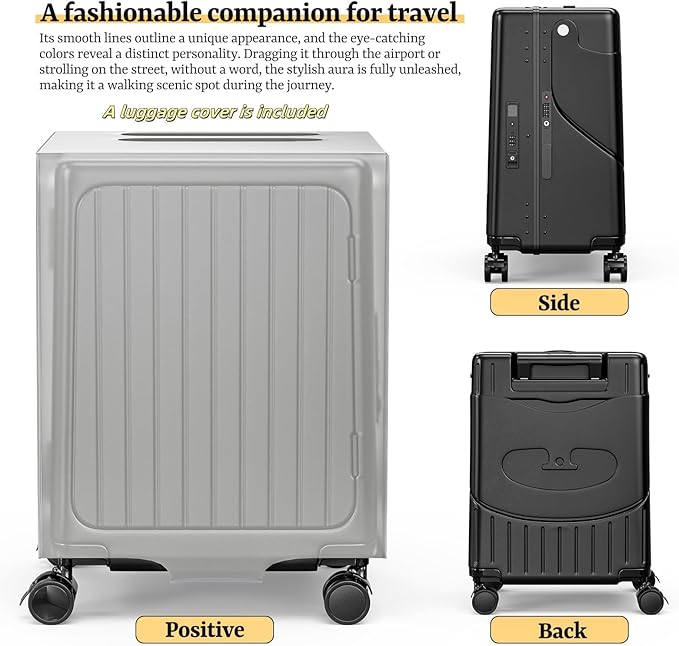 Hardshell Carry On Suitcase with Child Seat, Black Travel Luggage with Front Compartment & 4 Lockable Spinner Wheels, TSA Lock, USB Port, Luggage Cover, Safty Seatbelt (Front-Opening Black, 20 Inch)