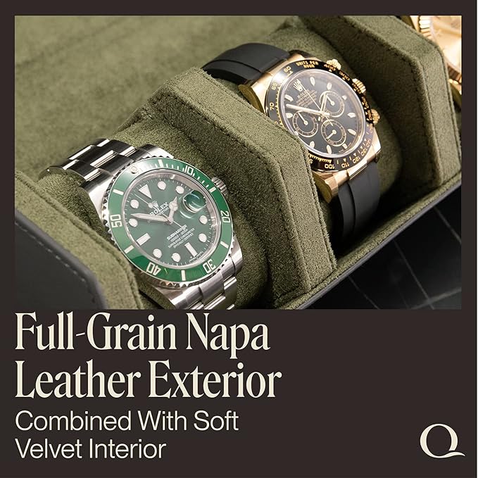 Napa Leather Watch Rolls for Men - Hexagon Triple Watch Roll Travel Case for 3 Watches - Storage Organizer Genuine Leather with Velvet Interior Display (Gray/Green)