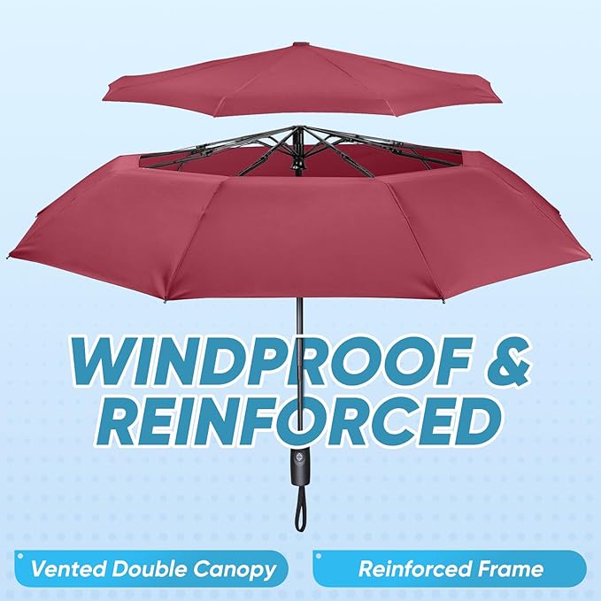 PTEROMY Windproof Compact Travel Umbrellas for Rain and Sun, Withstands 85MPH Winds Auto Open Close Folding Umbrella with Ergonomic Handle, Quick Dry Canopy for Commuting or Backpack