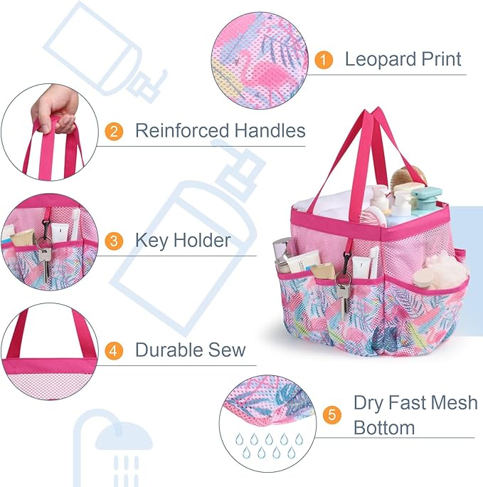 F-color Shower Caddy Portable - Mesh Shower Bag Basket Tote for College Dorm Room Essentials Bathroom Gym Camp Quick Dry for Women Men with S Hook, Pink Flamingo