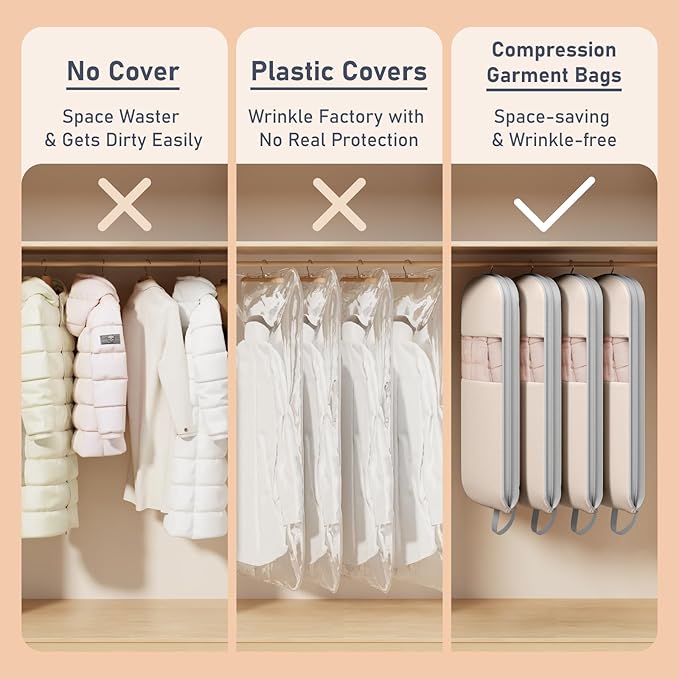 DIMJ 4 Pack 43" Compression Garment Bags for Hanging Clothes With Carry Handles and Window, Space Saving Washable Suit Bag for Dress, Clothes, Coats, Down Jacket, Closet Storage, Moving, Travel