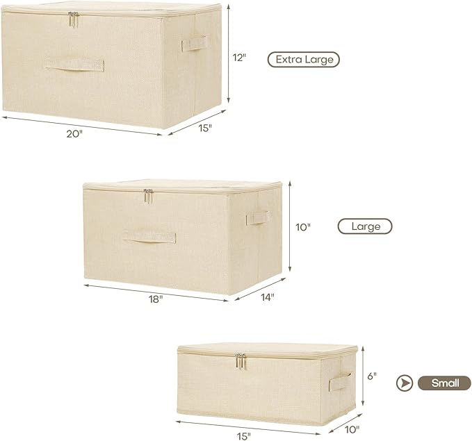 ANMINY 2PCS Storage Bins with Zipper Lids 13 Qt Lidded Fabric Storage Boxes Baskets Cubes with Handles Collapsible Washable Cotton Linen Closet Shelf Clothes Organizer Containers - Beige, Small