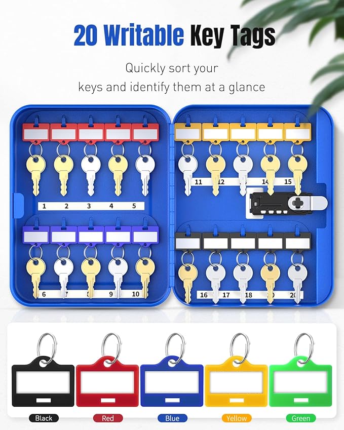 Uniclife 20 Keys Key Lock Box with Code, Wall Mount Lock Box for Keys with Code, Key Organizer with Tags, Key Cabinet, Key Storage Box for Home Office & Company, Blue
